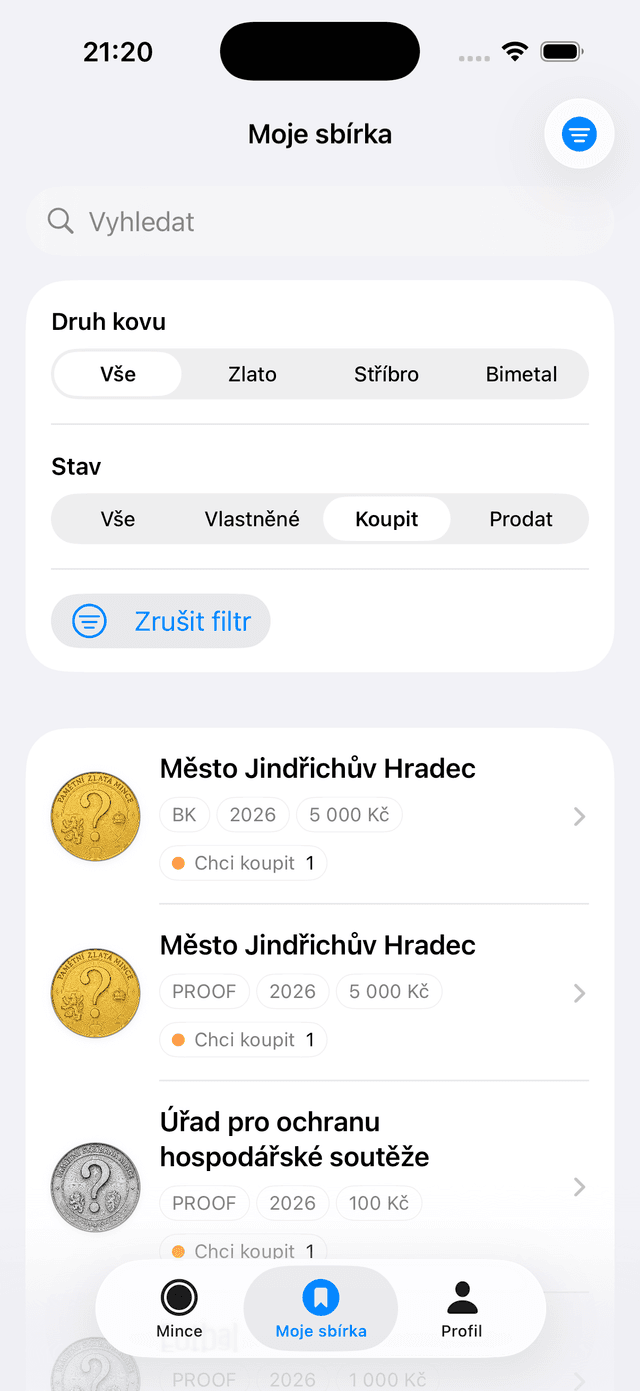 Sběratelé Mincí - uživatelské mince filtrované iOS APP na iOS 26