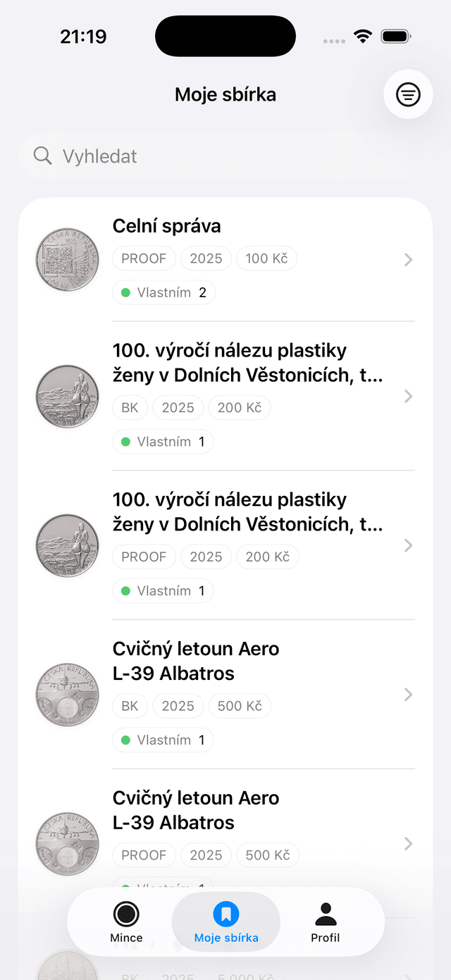 Sběratelé Mincí - uživatelské mince iOS APP na iOS 26